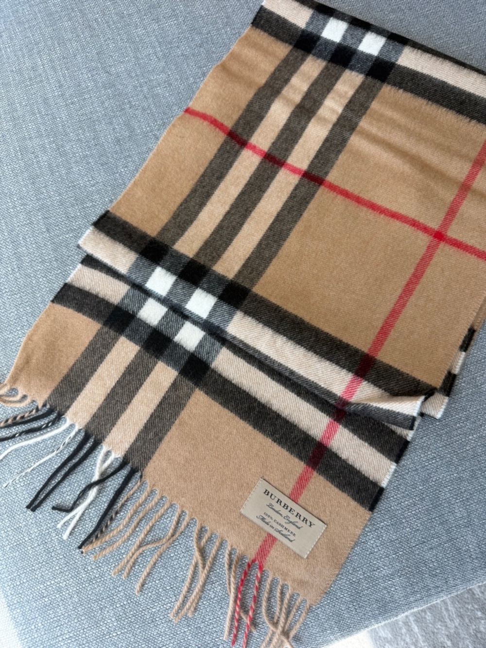 Burberry Tan Classic Check Wool Scarf with Black, White & Red Stripes Authentic - Picture 4 of 4